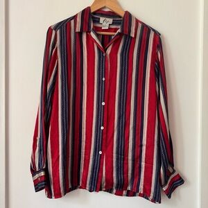 VTG 90s Silk Blouse Womens M Red Navy Stripe Long Sleeve Americana Quiet Luxury‎